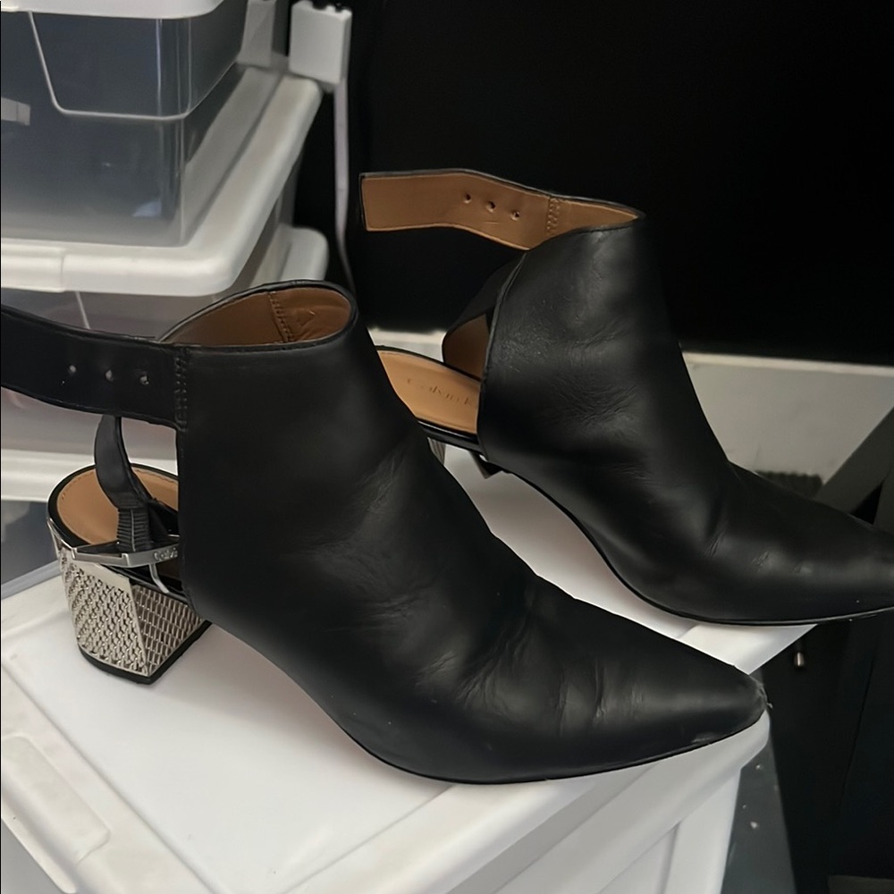 Calvin Klein Black and Silver Heeled Boots with Open Back
